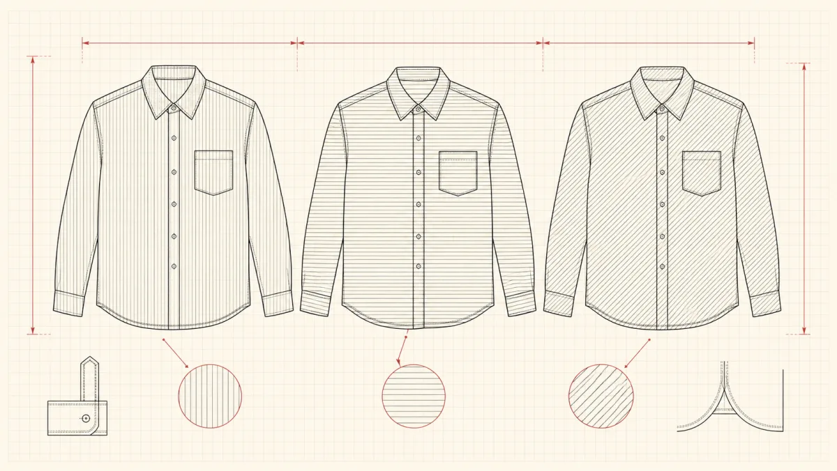 Three identical shirt technical flats in a row with areas filled by line hatching of different densities to indicate different colourways.