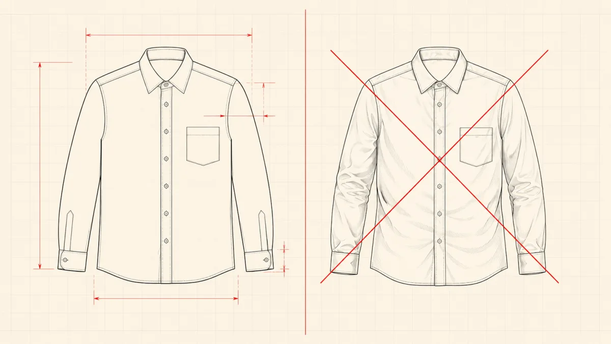 Split image: on the left a strict flat technical line drawing of a shirt with no shading, on the right the same shirt drawn with soft shading and folds, marked with a red cross.