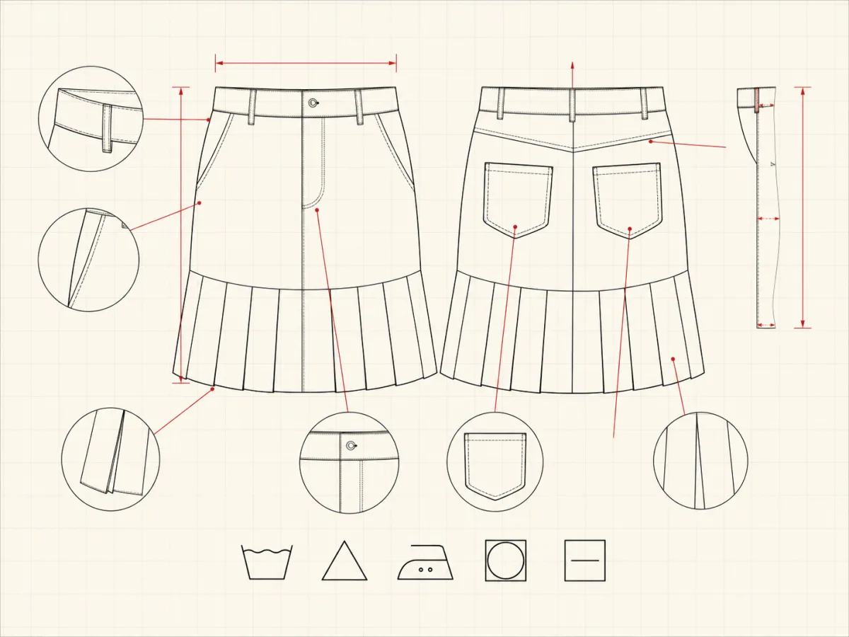 Line drawings of standard textile care symbol outlines: a wash tub, a triangle, an iron, a circle in a square and a bar.