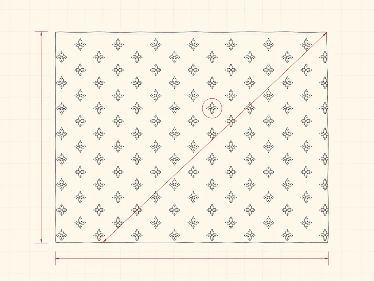 Line drawing of a sheet carrying a repeating geometric pattern, with a red diagonal line across it and one motif circled in red.