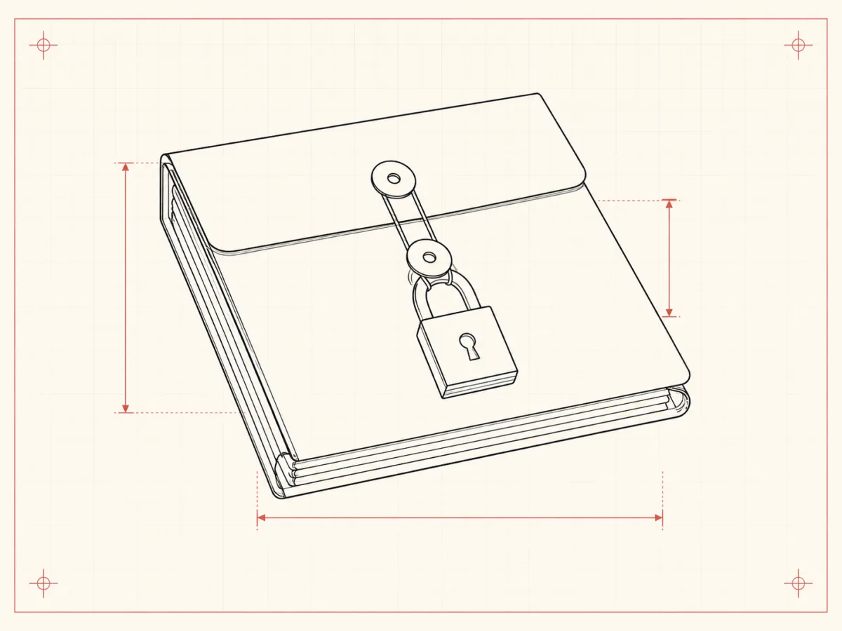 Line drawing of a closed document folder with a padlock resting on it, enclosed by a thin red boundary line.
