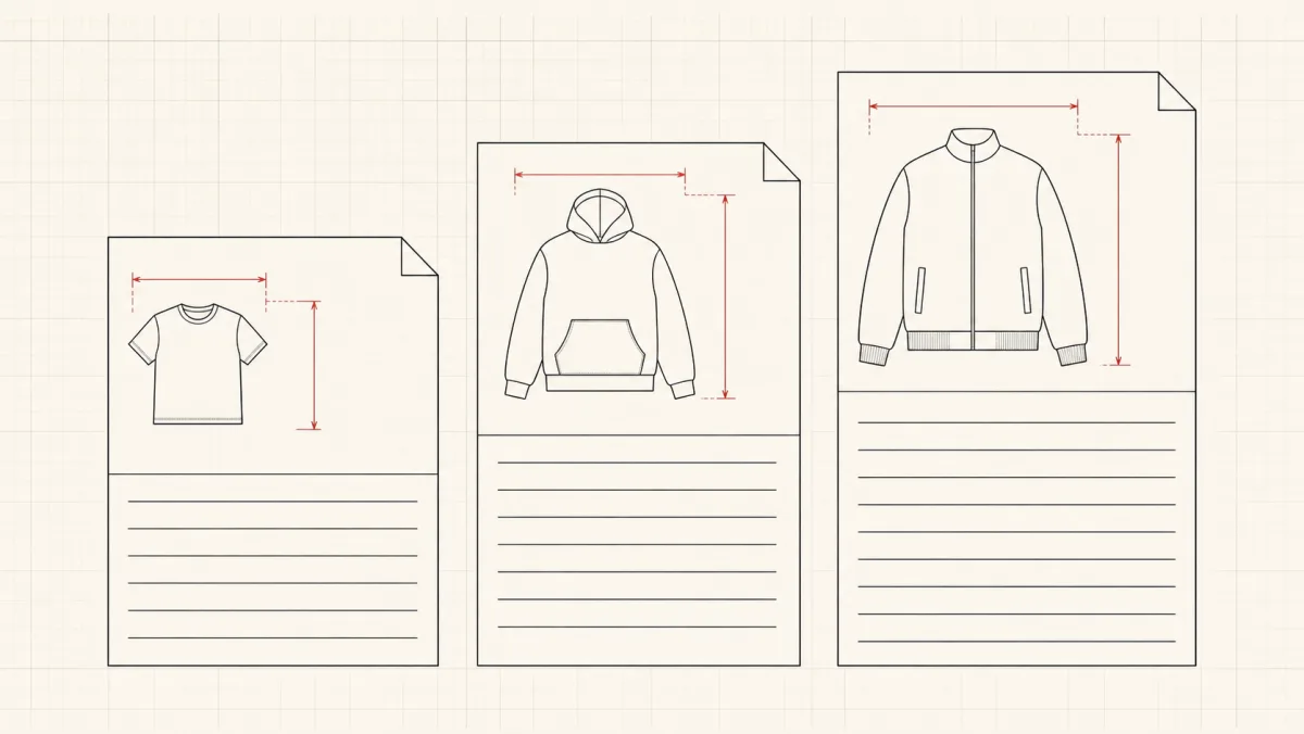 Line drawing of three specification sheets of increasing height standing side by side, each with a small garment flat in the corner.