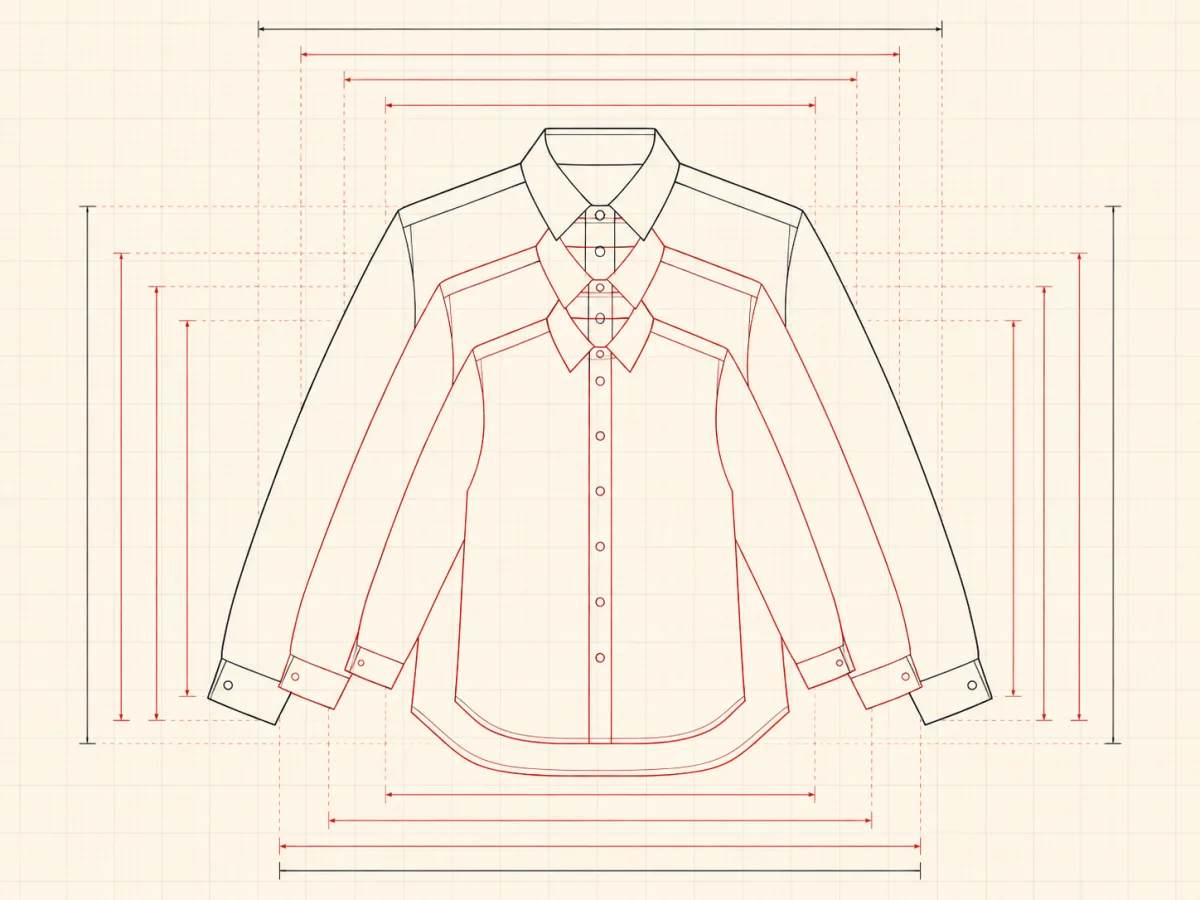 Four shirt outlines of increasing size nested inside one another, the largest drawn in black and the increments in red.