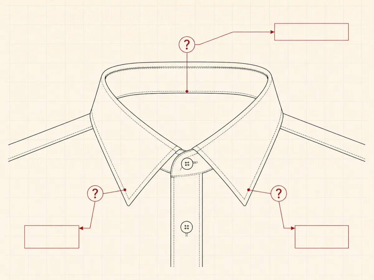 Line drawing of a collar area with red question-mark markers connected by leader lines to empty margin boxes.