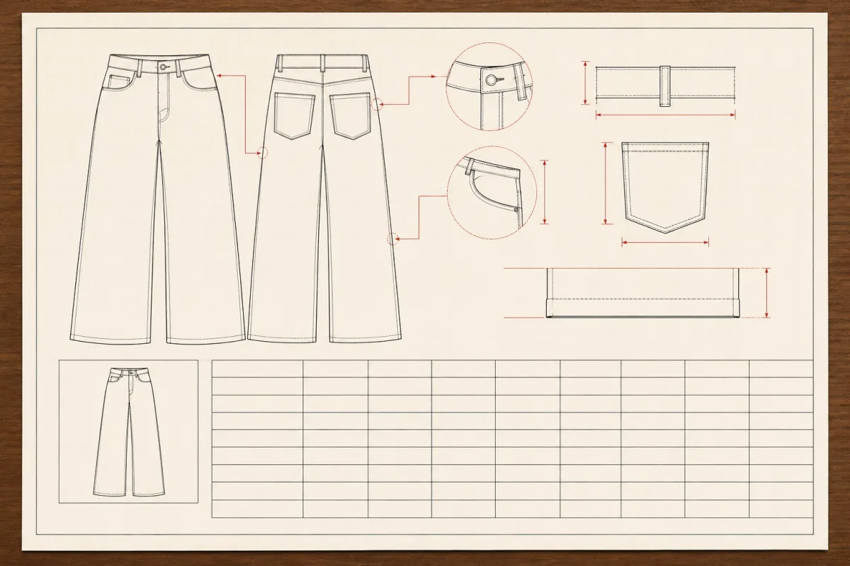 A printed specification sheet seen from above: garment flats, detail circles and an empty measurement table grid.