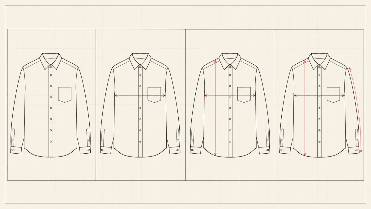 Filmstrip of four identical shirt flats, each with one more red measurement line drawn on than the last.