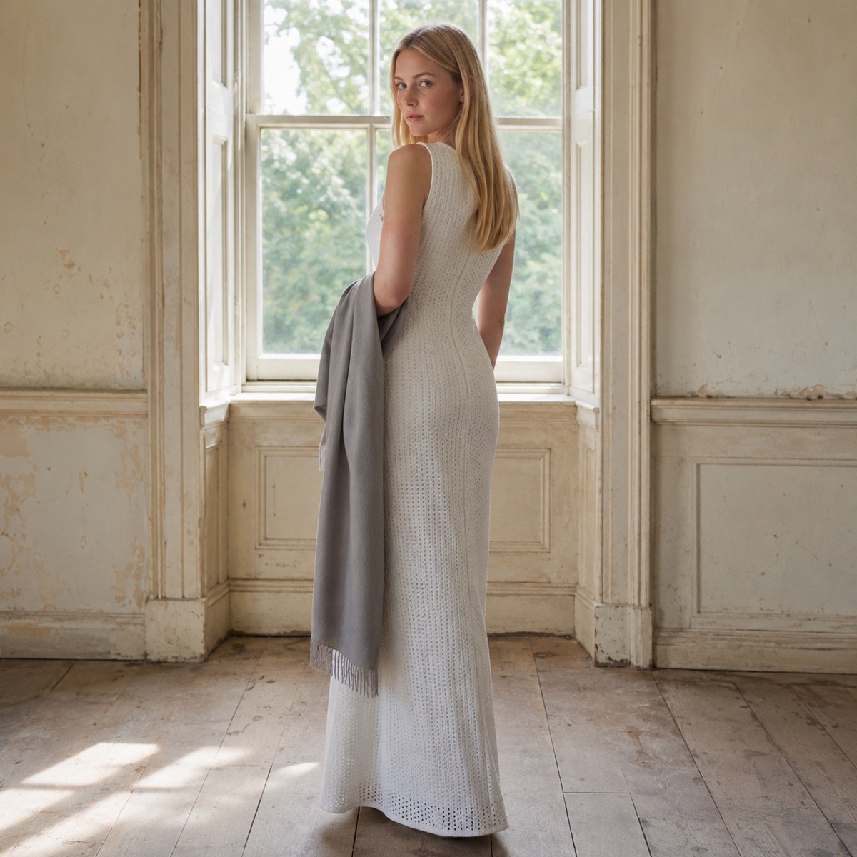 Slate Hollow sleeveless column dress — Everyday Column Dresses by ORASCI. worn by a model, side view.