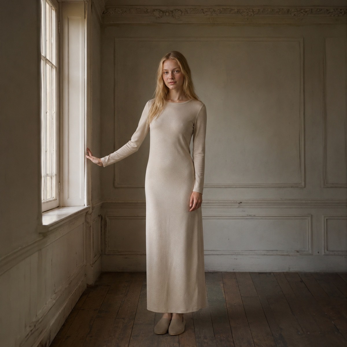 Downe straight column dress — Everyday Column Dresses by ORASCI. worn by a model, side view.