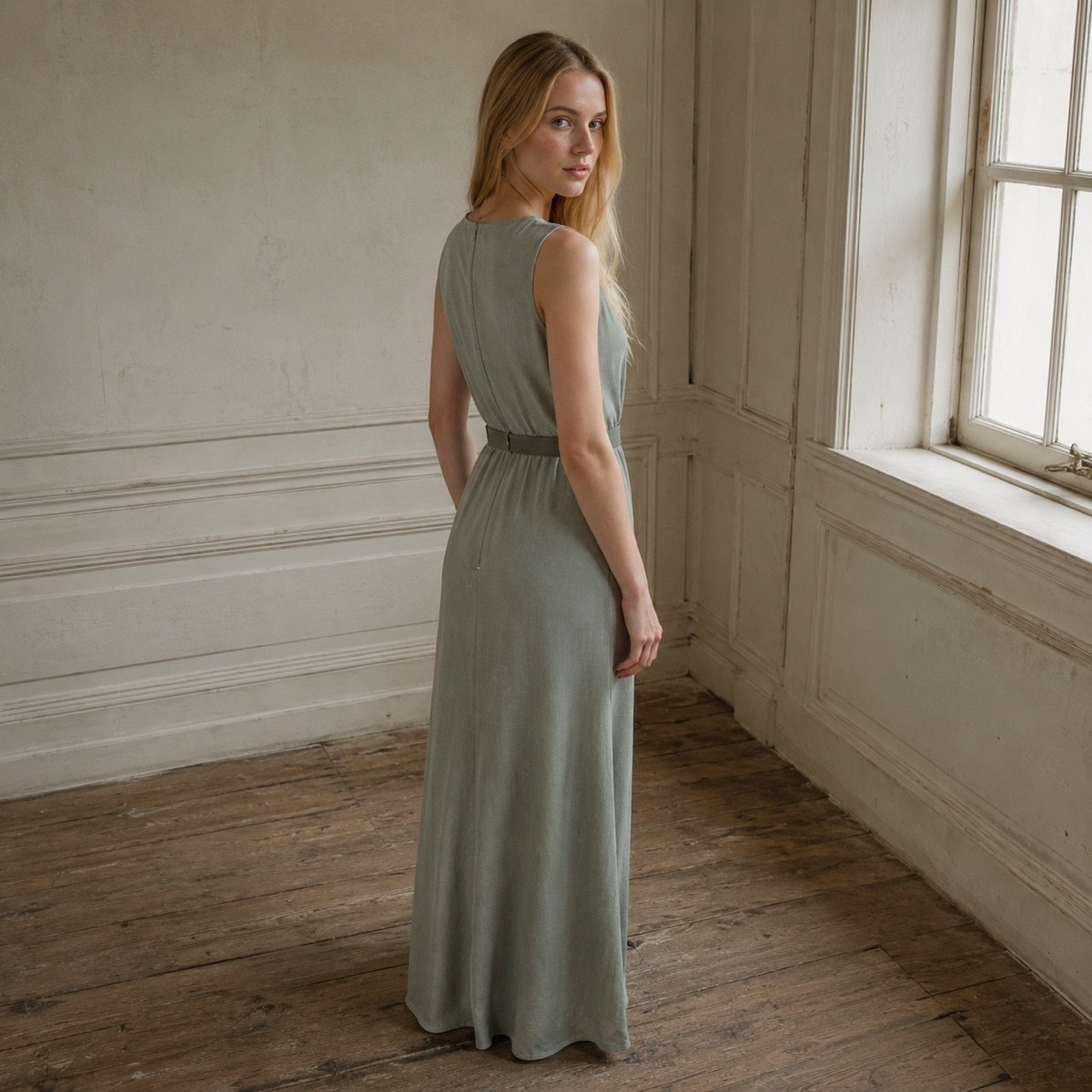 Alder Lane sleeveless column dress — Everyday Column Dresses by ORASCI. worn by a model, side view.