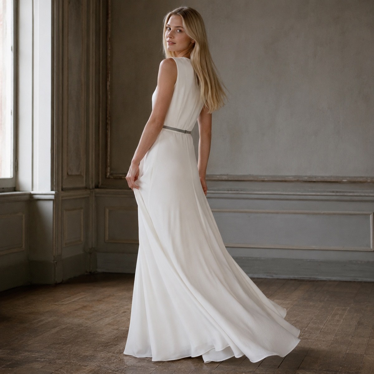 Keston floor-length evening gown — Evening Gowns and Body-Skimming Dresses by ORASCI. worn by a model, side view.