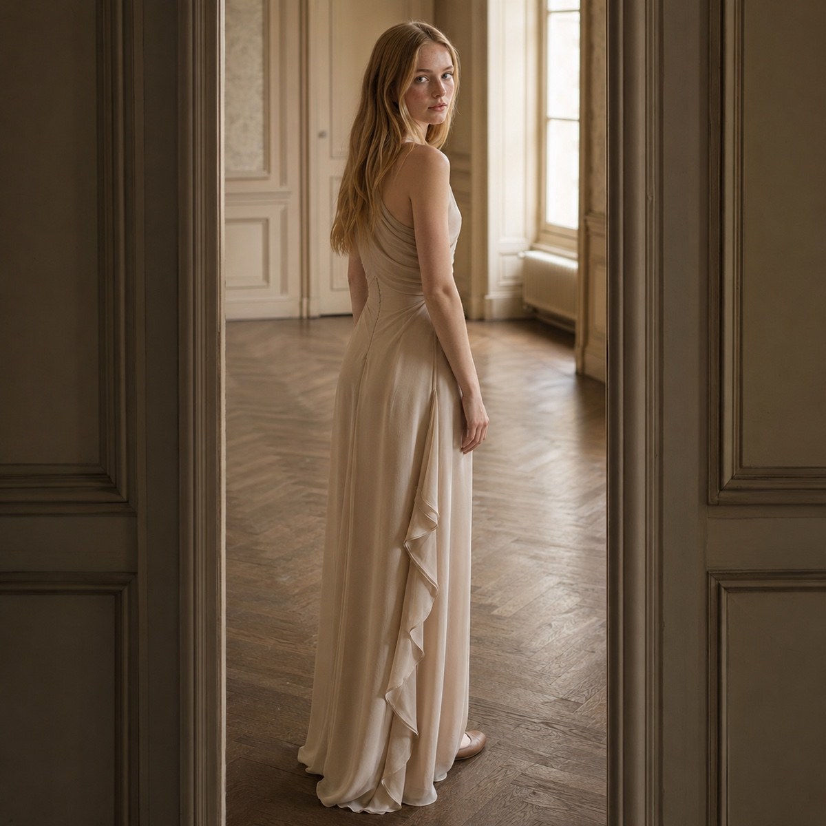 Ravensbourne floor-length evening gown — Evening Gowns and Body-Skimming Dresses by ORASCI. worn by a model, side view.