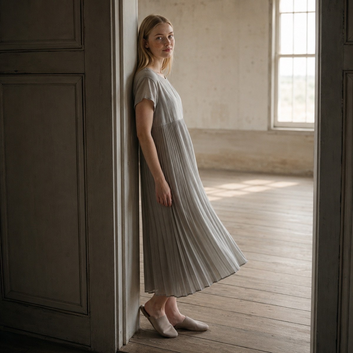 Chislehurst sunray-pleat midi dress — Pleated Midi Dresses by ORASCI. worn by a model.