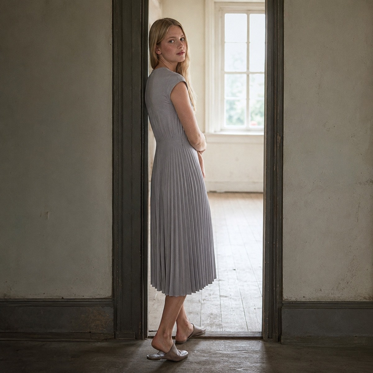 Chislehurst sunray-pleat midi dress — Pleated Midi Dresses by ORASCI. worn by a model, side view.