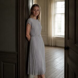 Alder Lane knife-pleat midi dress — Pleated Midi Dresses by ORASCI. worn by a model.