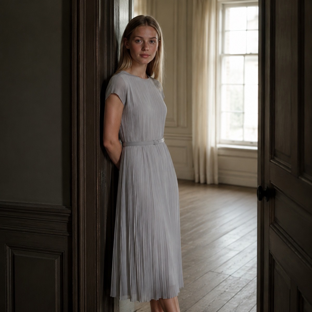 Alder Lane knife-pleat midi dress — Pleated Midi Dresses by ORASCI. worn by a model.