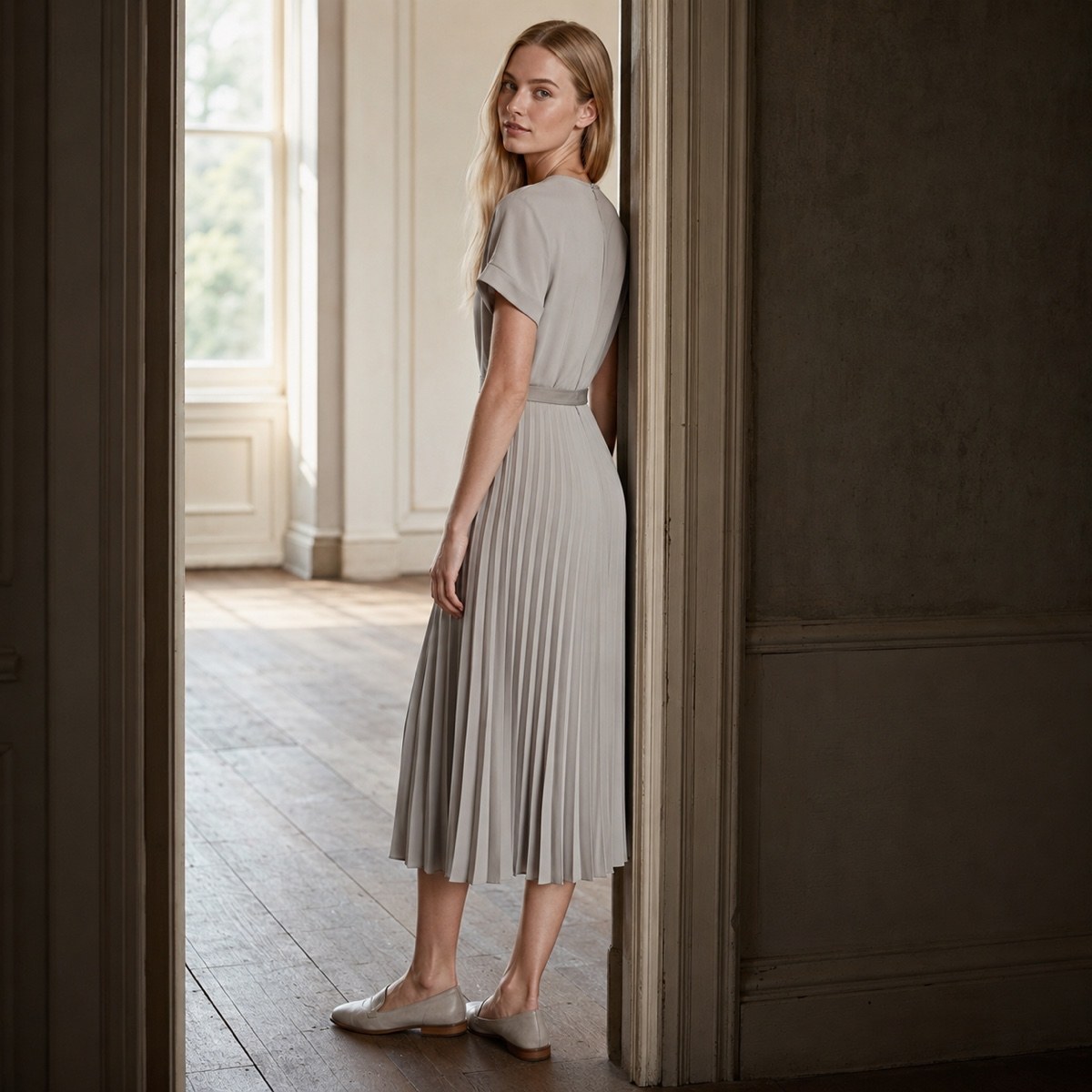 Alder Lane knife-pleat midi dress — Pleated Midi Dresses by ORASCI. worn by a model, side view.
