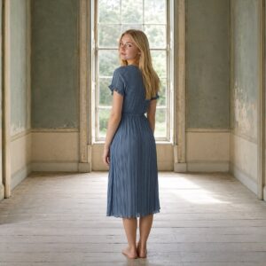 Bromley Vale sunray-pleat midi dress — Pleated Midi Dresses by ORASCI. worn by a model.