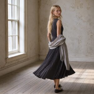 Elmstead sunray-pleat midi dress — Pleated Midi Dresses by ORASCI. worn by a model.