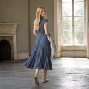 Hayes Common sunray-pleat midi dress — Pleated Midi Dresses by ORASCI. worn by a model.