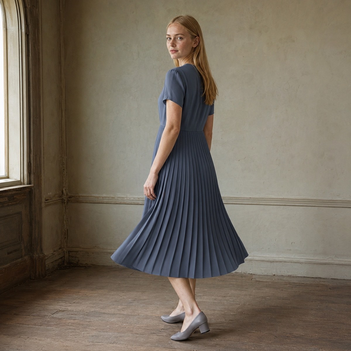 Slate Hollow knife-pleat midi dress — Pleated Midi Dresses by ORASCI. worn by a model.