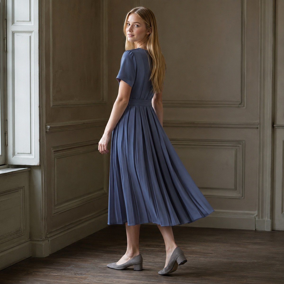 Slate Hollow knife-pleat midi dress — Pleated Midi Dresses by ORASCI. worn by a model, side view.