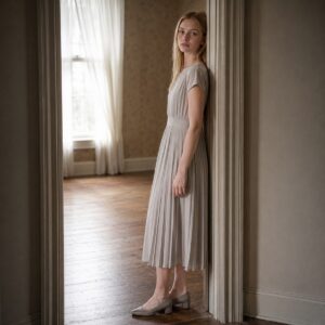 Sorrel Field sunray-pleat midi dress — Pleated Midi Dresses by ORASCI. worn by a model.