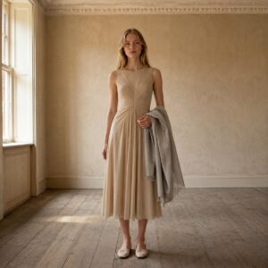 Ravensbourne sunray-pleat midi dress — Pleated Midi Dresses by ORASCI. worn by a model.