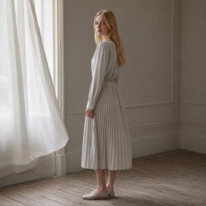 Willow Reach knife-pleat midi dress — Pleated Midi Dresses by ORASCI. worn by a model.