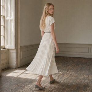 Cudham knife-pleat midi dress — Pleated Midi Dresses by ORASCI. worn by a model.