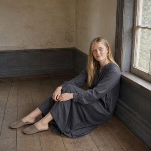 Slate Hollow collarless shirt dress — Shirt Dresses by ORASCI. worn by a model.
