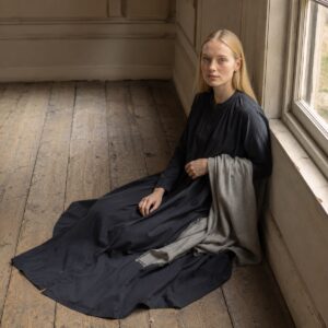 Downe collarless shirt dress — Shirt Dresses by ORASCI. worn by a model.