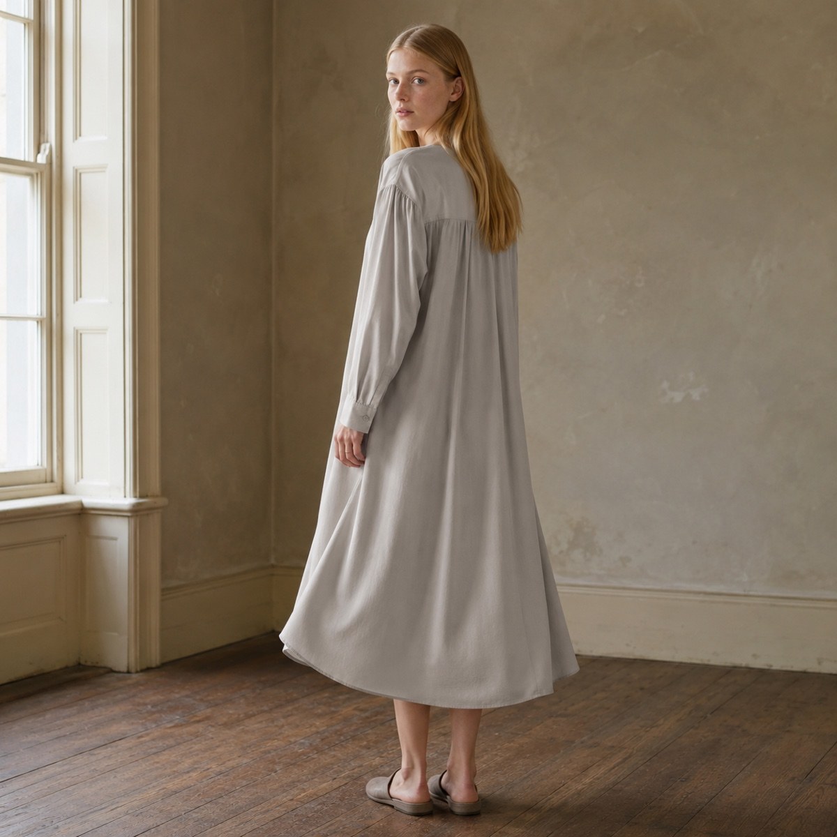 Shortlands collarless shirt dress — Shirt Dresses by ORASCI. worn by a model.