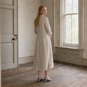 Ravensbourne collarless shirt dress — Shirt Dresses by ORASCI. worn by a model.