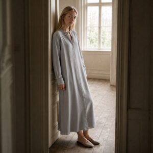 Pearl Wharf collarless shirt dress — Shirt Dresses by ORASCI. worn by a model.