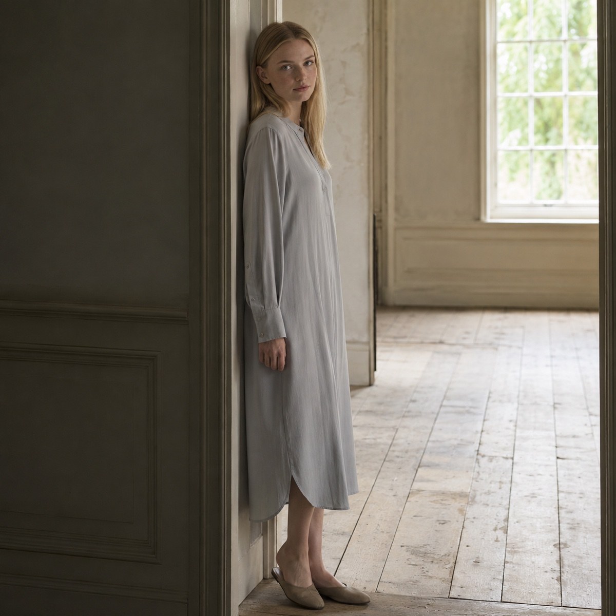 Pearl Wharf collarless shirt dress — Shirt Dresses by ORASCI. worn by a model, side view.