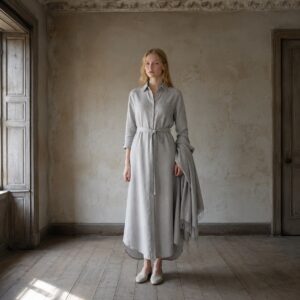 Bromley Vale belted shirt dress — Shirt Dresses by ORASCI. worn by a model.