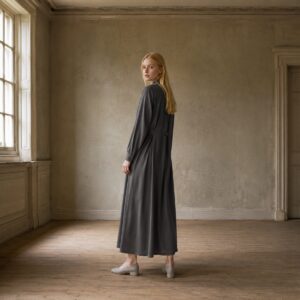 Hazel Court collarless shirt dress — Shirt Dresses by ORASCI. worn by a model.