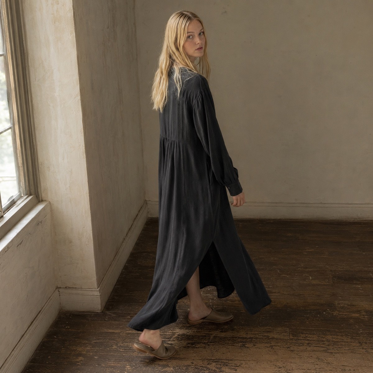 Petts Wood collarless shirt dress — Shirt Dresses by ORASCI. worn by a model.