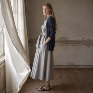 Orpington belted shirt dress — Shirt Dresses by ORASCI. worn by a model.