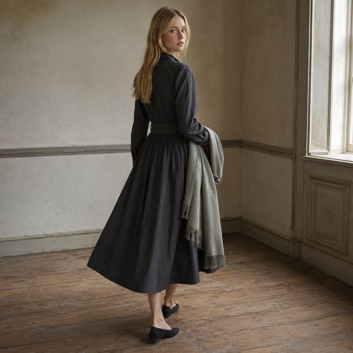 Meadow Gate belted shirt dress — Shirt Dresses by ORASCI. worn by a model, side view.
