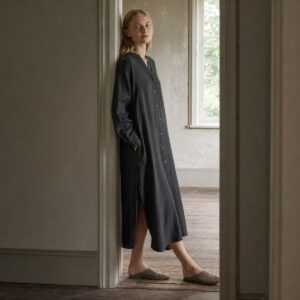 Cudham collarless shirt dress — Shirt Dresses by ORASCI. worn by a model.