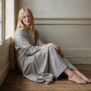 Shortlands collarless shirt dress — Shirt Dresses by ORASCI. worn by a model.
