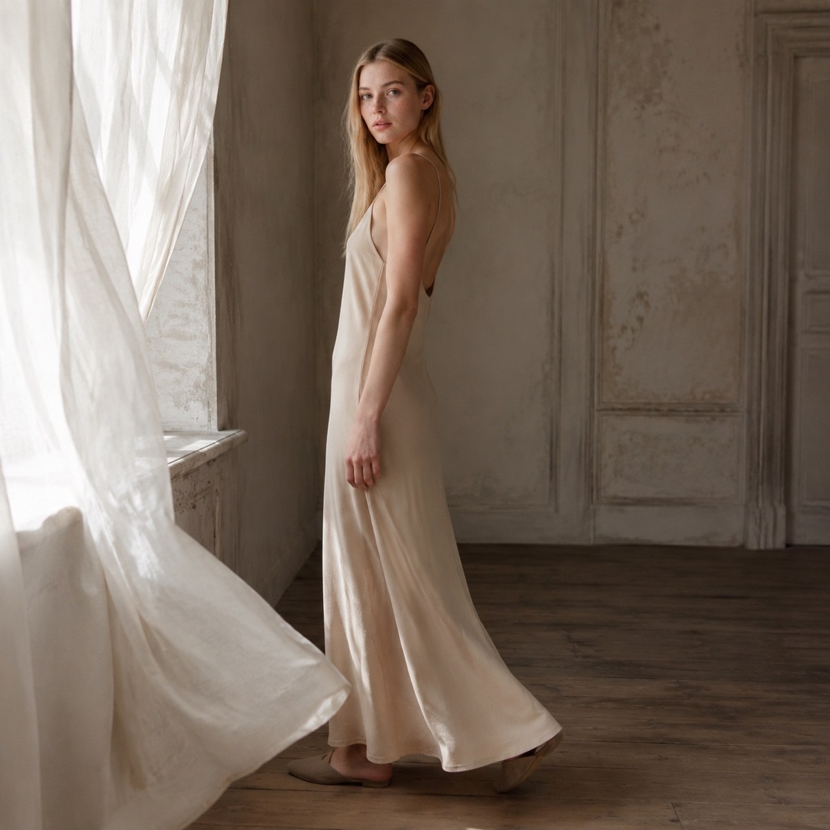 Hayes Common bias-cut slip maxi dress — Slip Maxi Dresses by ORASCI. worn by a model, side view.