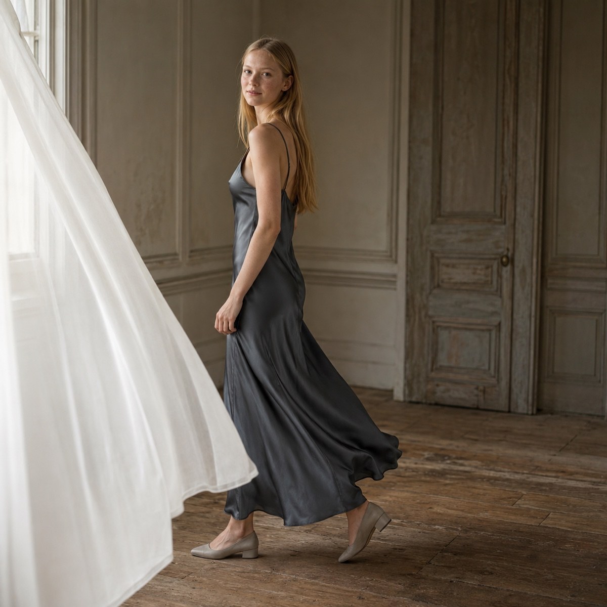 Alder Lane bias-cut slip maxi dress — Slip Maxi Dresses by ORASCI. worn by a model.