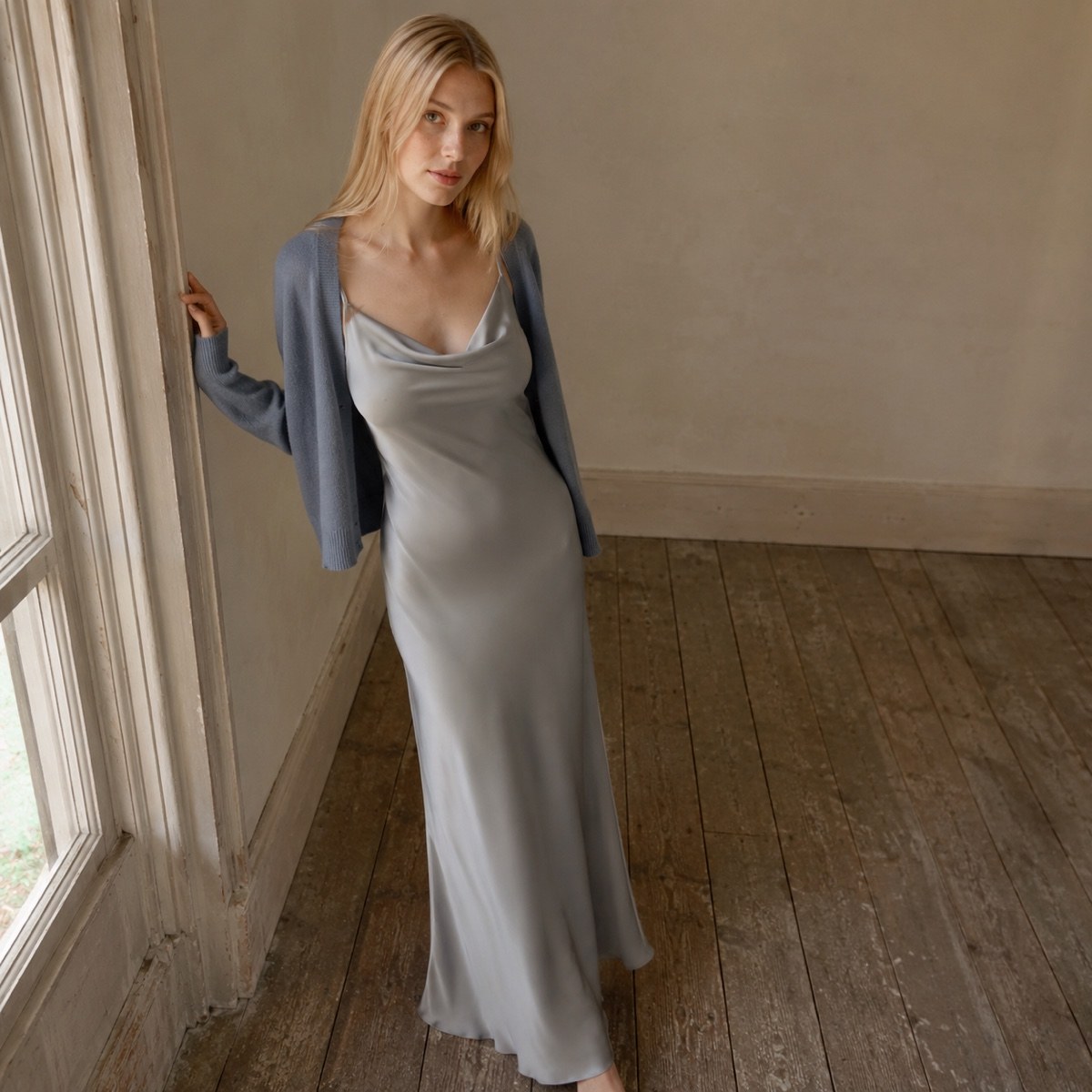 Slate Hollow cowl-neck slip dress — Slip Maxi Dresses by ORASCI. worn by a model, side view.