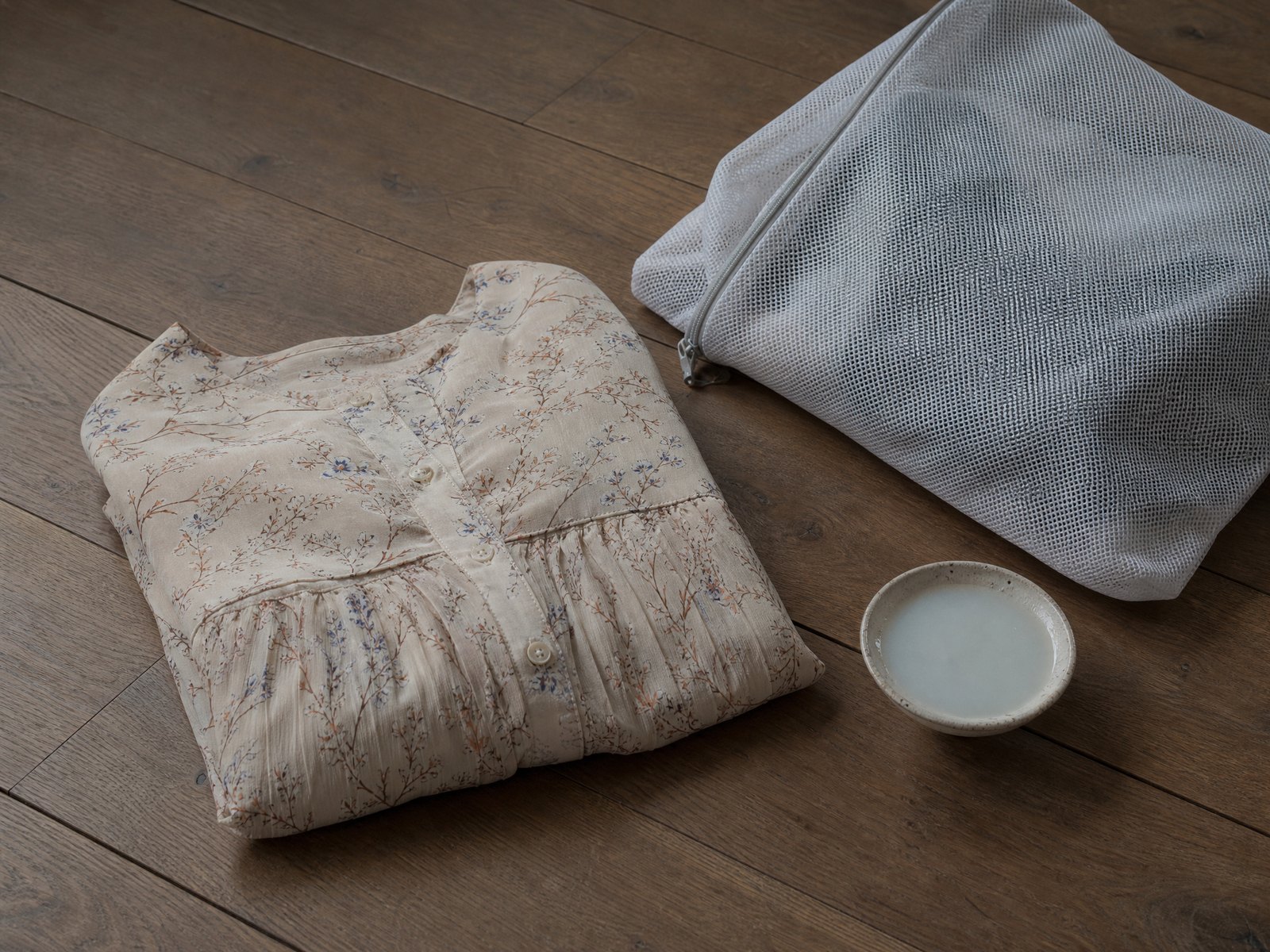 A folded lambswool jumper beside wool detergent flakes and a garment brush